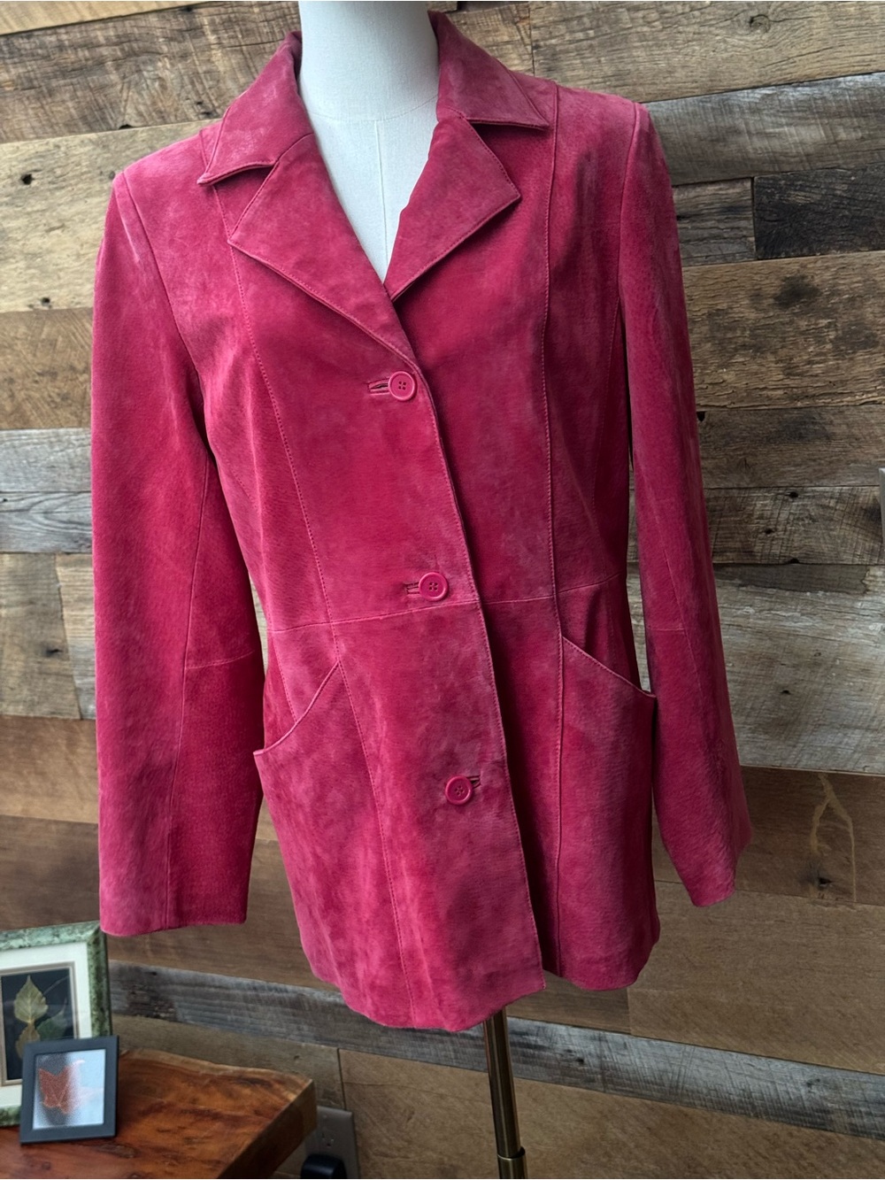Dialogue Pink 100% Suede Leather Button Front Jacket Coat - Size Medium